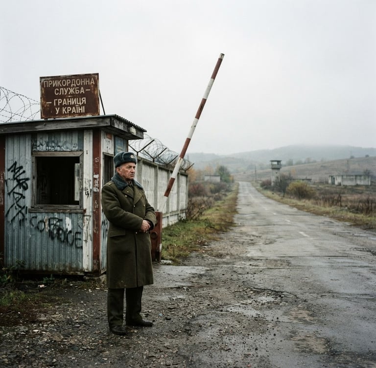 Editorial photojournalism, soft overcast daylight, a lonely border checkpoint in Eastern Europe, desaturated tones, 35mm film grain.