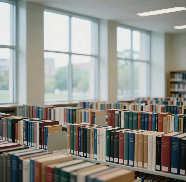 A bright university library interior with rows of classic books, soft daylight streaming through tall windows, professional academic atmosphere