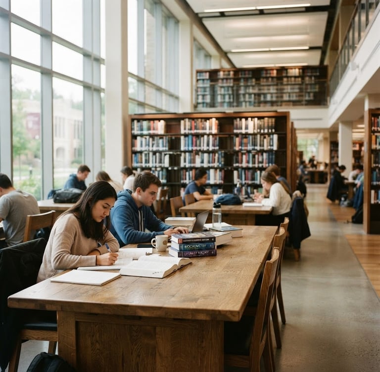 A bright, modern university library with tall bookshelves, a large wooden study table in the foreground, soft natural daylight streaming through high windows, 50mm lens.