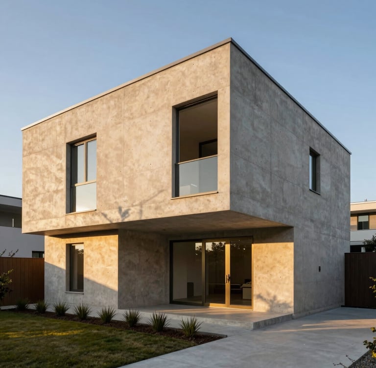 Wide-angle architectural elevation of a concrete residential structure, sharp geometric shadows cast on raw concrete, minimalist landscaping, low-angle golden hour