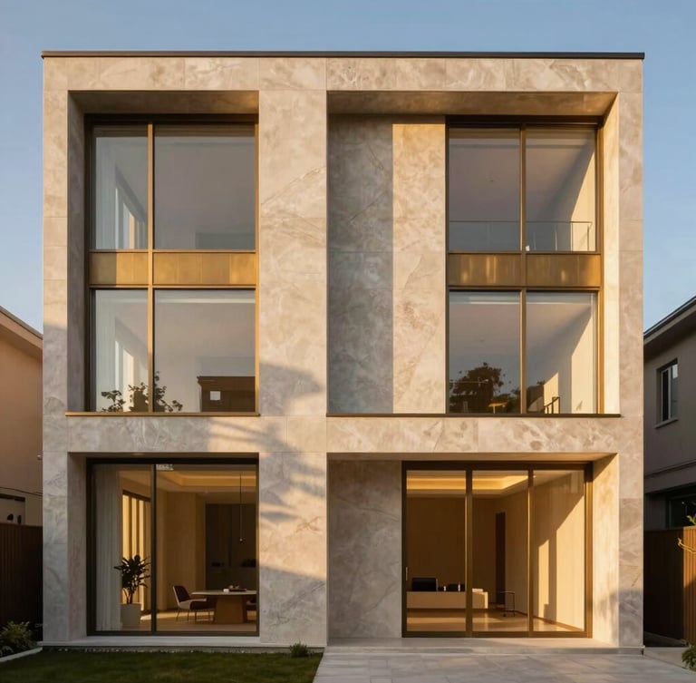 Symmetrical elevation of a monolithic travertine and glass residential estate at twilight, sharp geometric shadows, warm interior glow, architectural medium format photography.