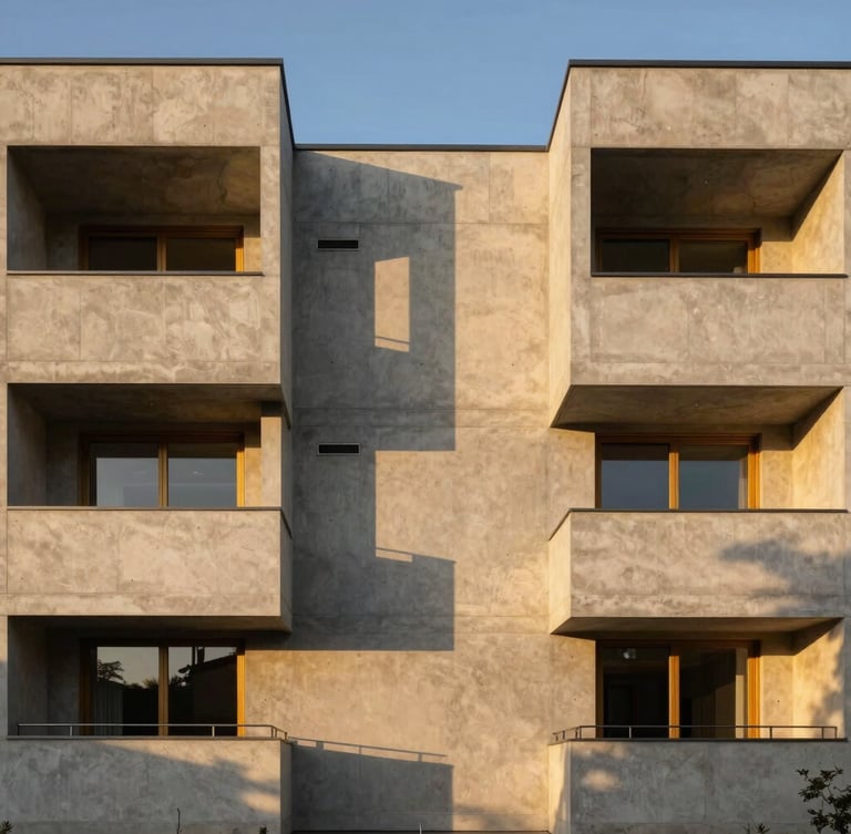 Wide-angle symmetrical elevation of a monolithic raw concrete and travertine residential facade at golden hour, dramatic geometric shadows, architectural photography, medium format