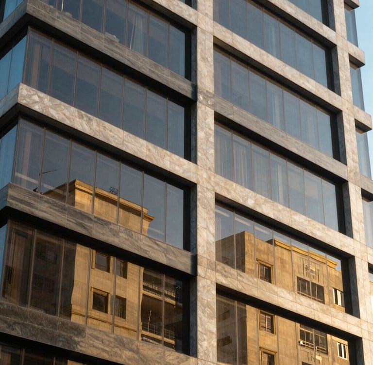 Close-up of clean architectural lines of a financial district building in Colombia, sharp geometric shadows, gold reflections on glass facades, daylight, premium corporate style.