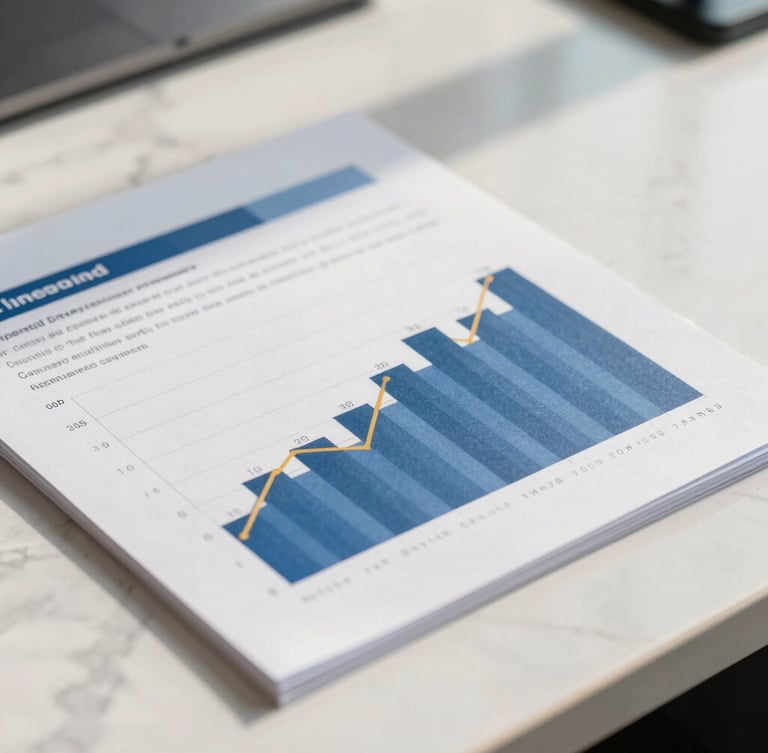 Close-up of professional business documents and a financial chart on a clean marble desk, crisp daylight with subtle golden highlights, 35mm