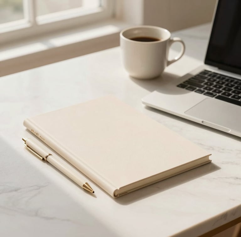 Editorial close-up of high-end stationery, a sleek laptop, and a ceramic cup on a minimalist marble desk bathed in soft morning window light, warm cream tones.