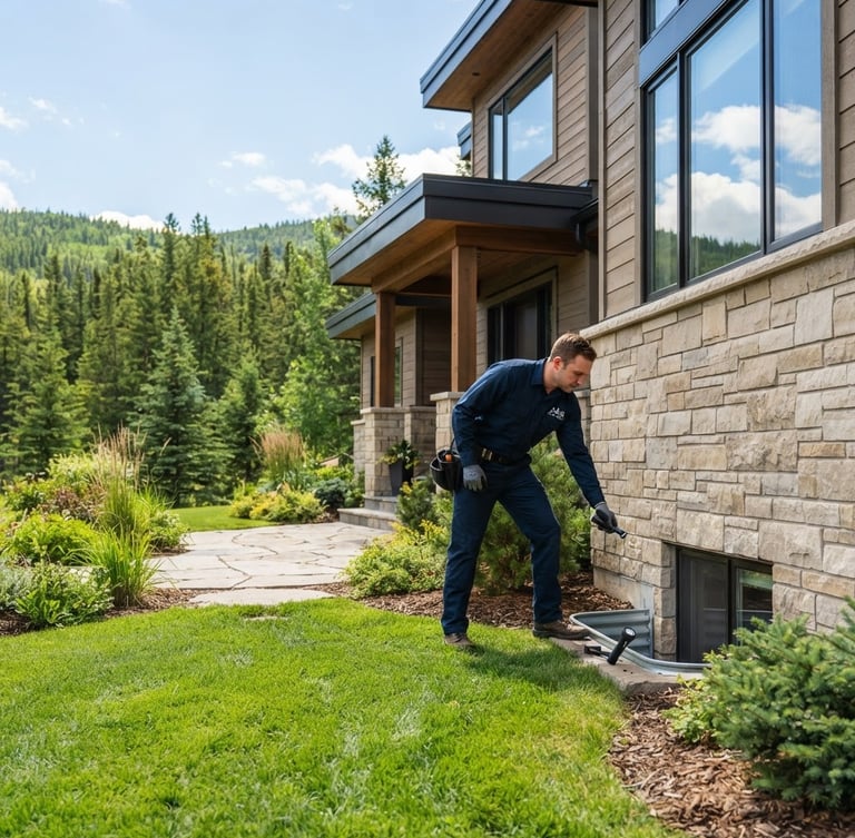 Professional pest control technician in clean uniform inspecting a modern home exterior in Alberta, bright natural daylight, crisp green and warm neutral tones, professional depth of field, wide environmental shot