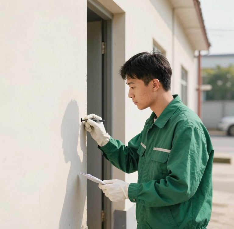Professional technician in a clean uniform inspecting a commercial building's exterior foundation for entry points, focused on a small gap. Bright natural daylight.