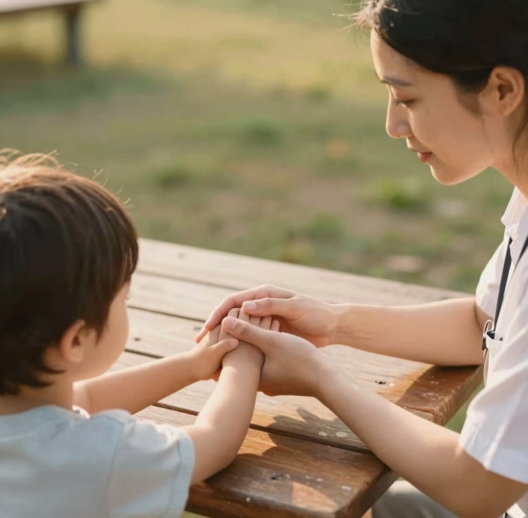 A warm, natural-light photograph of a female therapist guiding a young child at a wooden park table, hands gently guiding hands, soft golden-hour daylight, shallow depth of field, 35mm.
