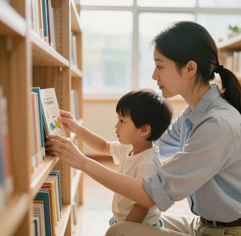 A candid medium shot of a supportive therapist guiding a child as they select a book from a wooden shelf in a bright local library, warm natural light, soft focus.