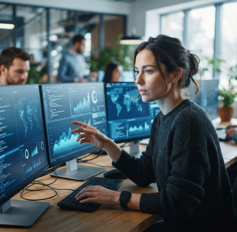 Tech professional collaborating in modern workspace, close-up of engineer analyzing data screens, soft blue screen glow, natural professional tones