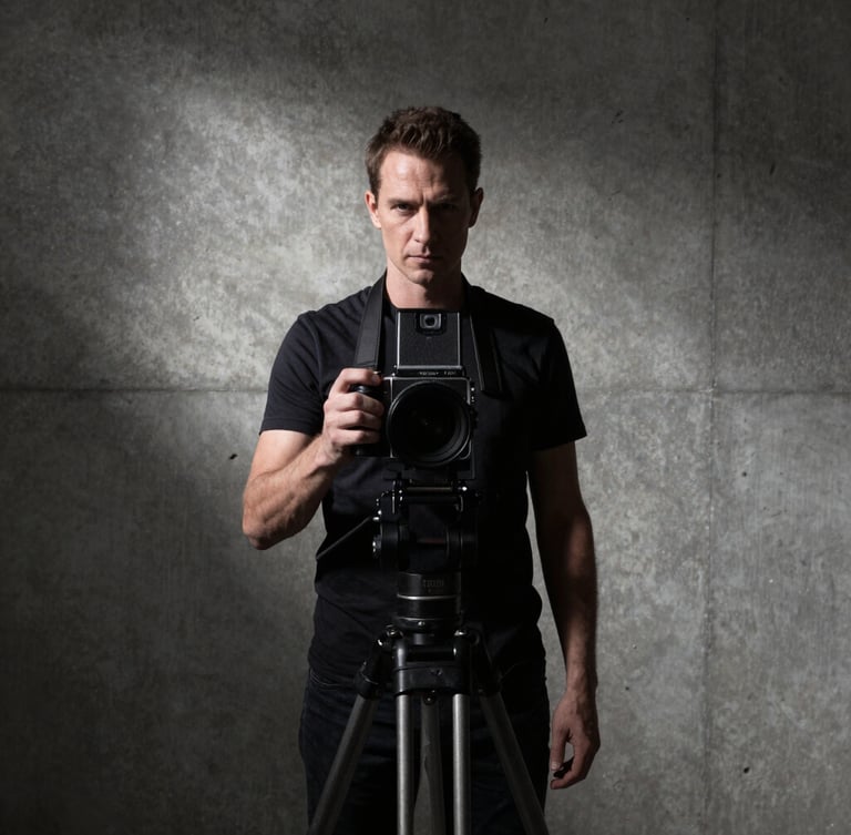 Symmetrical, low-key portrait of a serious photographer in a raw concrete studio. Hard directional key light from the left, casting deep shadows. A medium-format camera on a heavy tripod is partially visible in the frame.