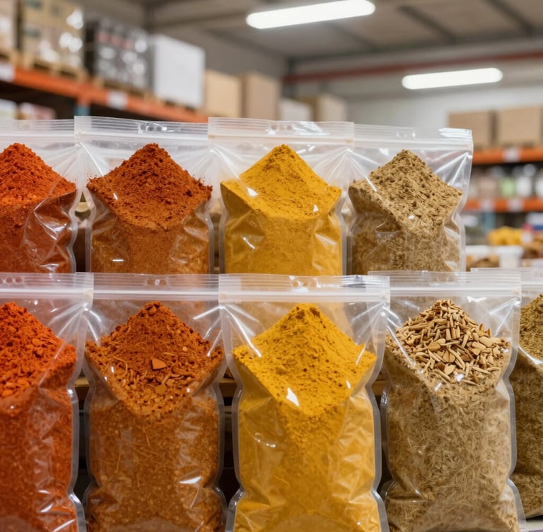 A vertical portrait of pristine bulk packaging of spice powders stacked in a clean, modern, well-lit warehouse, bright commercial food photography, 50mm
