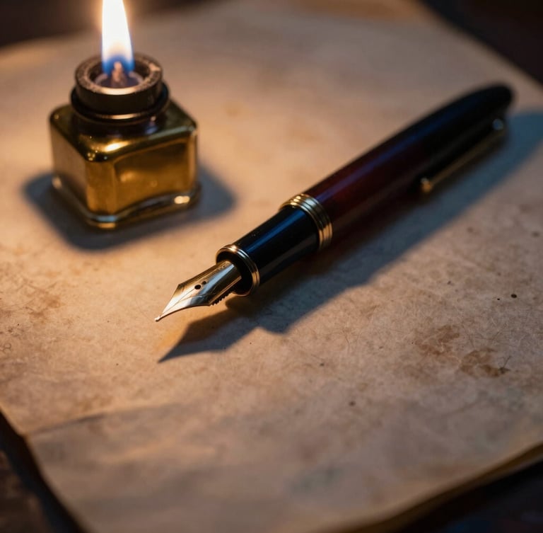 Macro chiaroscuro shot of a fountain pen resting on aged, ink-stained parchment, a brass inkwell nearby, soft candlelight casting long dramatic shadows, warm gold and navy tones.