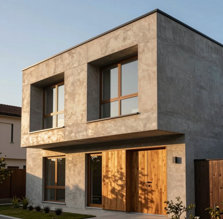 Eye-level shot of a modern residential house facade, natural golden hour sunlight, concrete and wood textures, clean architectural lines, realistic perspective.