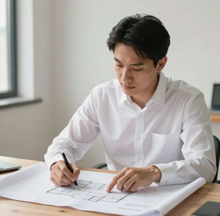 Eye-level medium shot of a professional real estate broker in a crisp white shirt analyzing architectural blueprints on a wooden table, bright natural daylight, clean composition.