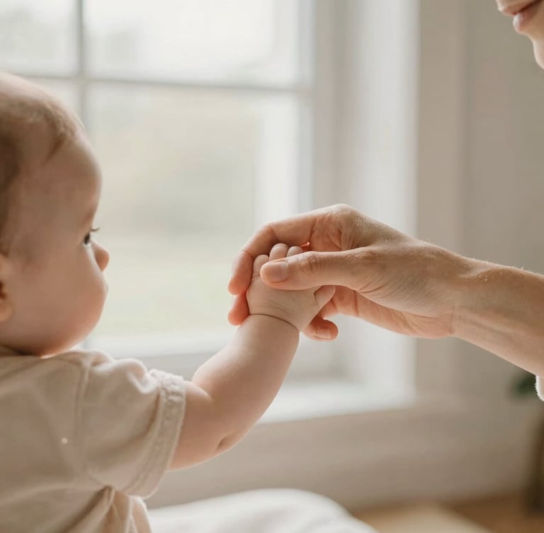 Warm editorial photography, soft natural daylight filtering through a window, a mother gently holding a baby's hand, beige and rosé soft tones, comforting atmosphere, 35mm