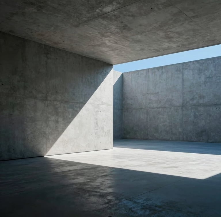 Cinematic wide shot of a modern minimalist concrete gallery with sharp shadows and a single cool blue light leak, empty space on the right.