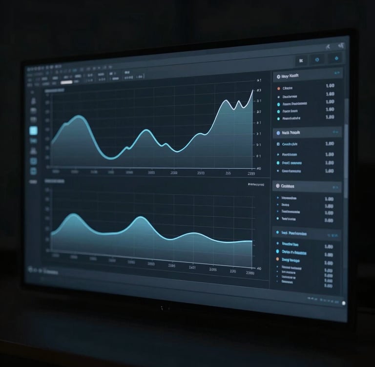 Cinematic wide crop of a minimalist dark-toned digital interface displaying analytical graphs, cool directional light, deep shadows, subtle navy ambient glow.