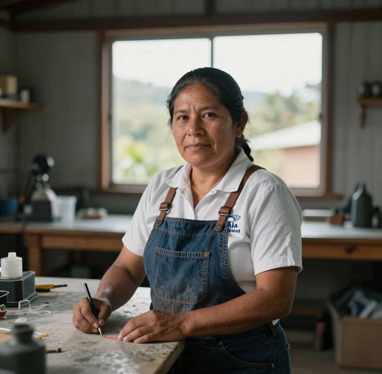 Wide environmental portrait of a local Ecuadorian business owner in Cayambe working in a clean, modern workshop, soft natural window light, high-contrast dark background.