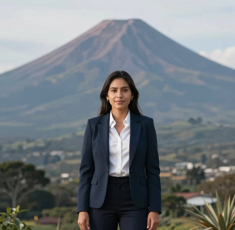 Wide environmental portrait of a modern Ecuadorian business owner in Cayambe with the Imbabura volcano in the far soft-focus background, clean daylight, cool tones.