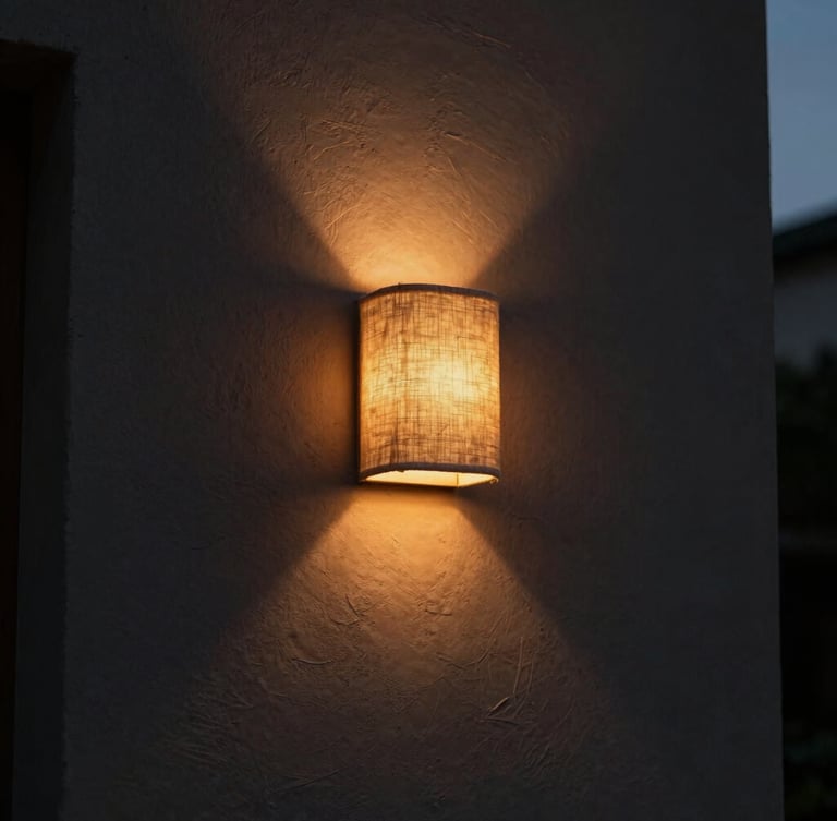 A tight architectural crop of a raw linen wall sconce casting a warm amber glow onto a dark textured plaster wall at twilight, 35mm lens, moody low-key lighting.