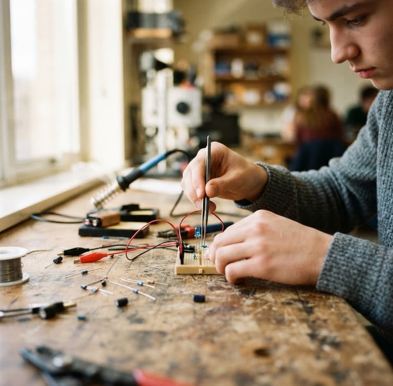 A close-up of a student's hands assembling a small electrical circuit on a wooden workbench, bright natural daylight streaming through a window, authentic documentary photography, shallow depth of field, 35mm film.