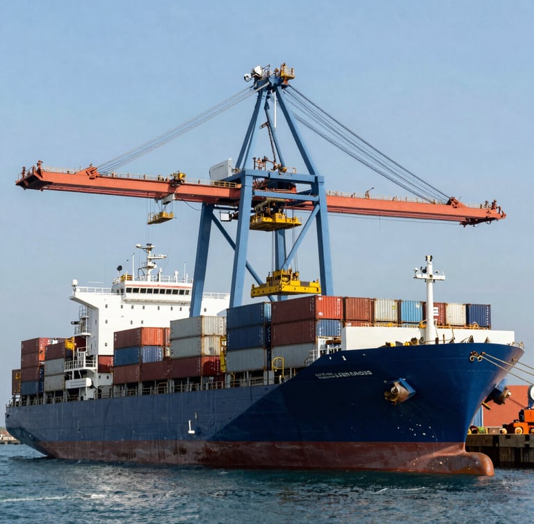 Wide shot of a container ship docking at a Cuban port under clear daylight, massive blue cranes unloading cargo, industrial scale