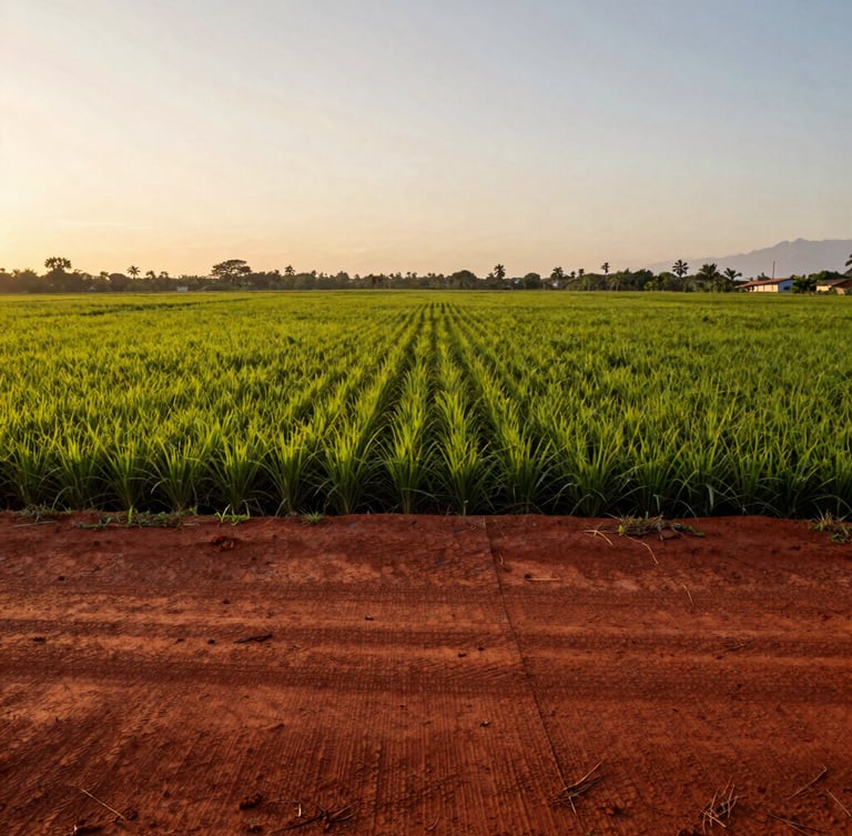 Vista vertical de campos de cultivo verdes sobre la rica tierra roja de Cuba bajo la luz dorada del amanecer