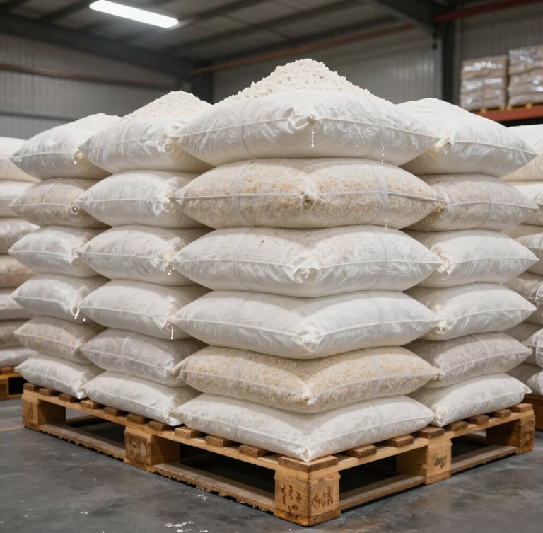 Organized warehouse interior with stacked pallets of flour and rice under bright industrial lighting