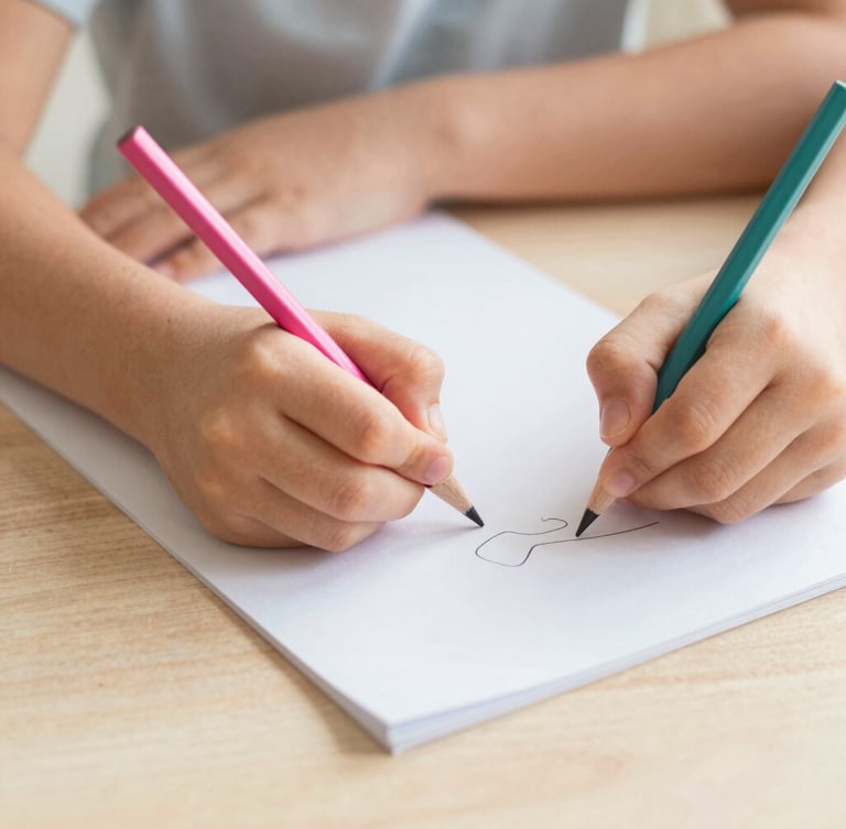 Close-up of children's hands writing with colorful wooden pencils on clean paper, soft natural daylight, warm sand tones, shallow depth of field