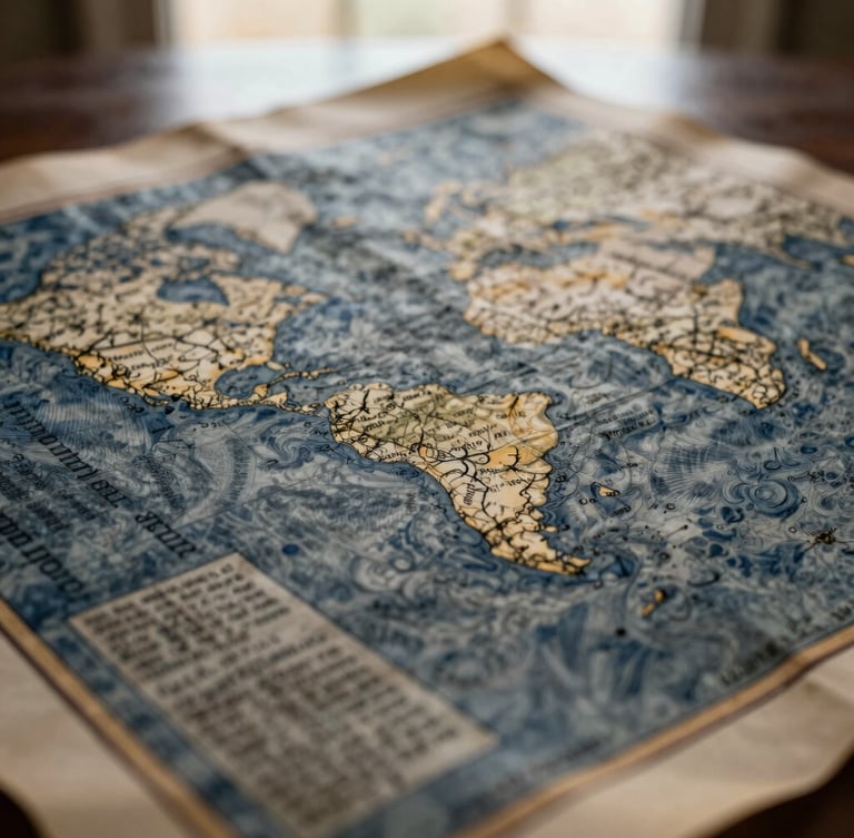 Close-up of old textured paper with ancient biblical map details, soft warm lighting, deep navy tones, shallow depth of field