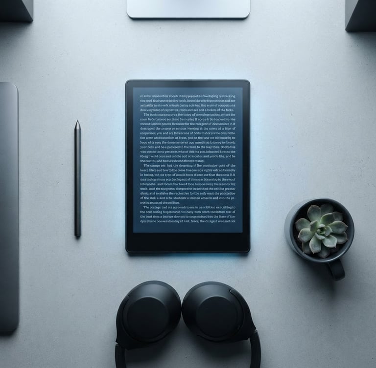 Overhead flatlay of a modern e-reader showing crisp typography on a dark screen, minimalist digital workspace, cool blue backlighting, sharp focus