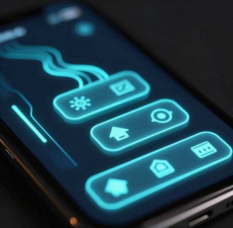 Macro close-up of a high-fidelity mobile game interface with neon cyber-cyan glowing buttons and fluid UI trails, dark background