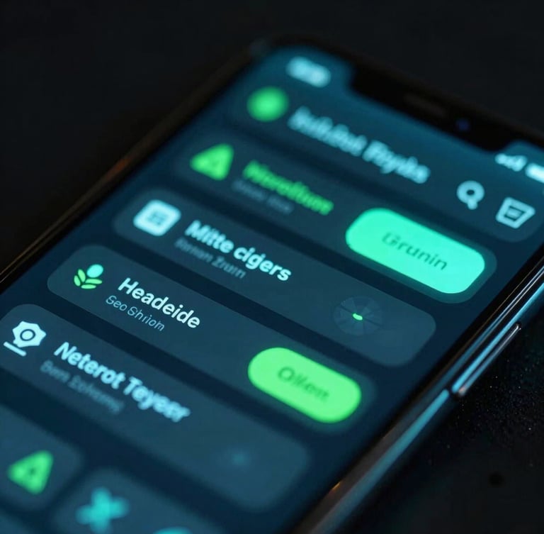 Macro close-up perspective of a glowing mobile screen showing complex UI/UX details, cyber-cyan and neon green highlights reflected on glass, dark background.