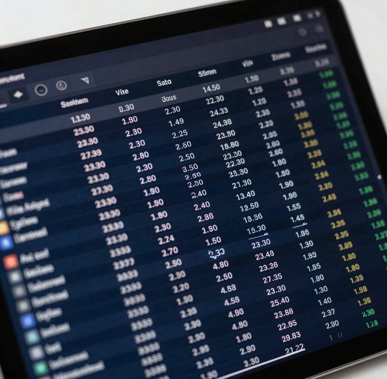 A close-up of a tablet displaying a complex financial ledger dashboard with clean monospaced numbers, cool overcast daylight, sharp focus, 35mm lens.