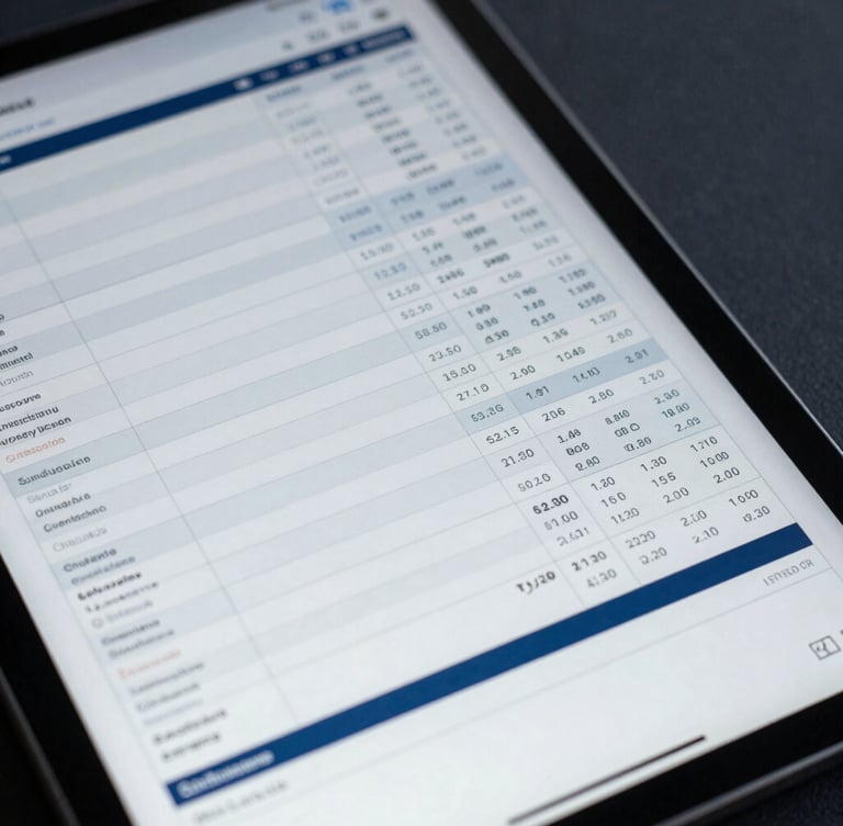 Close-up of a tablet displaying complex financial dashboards with clean grid lines and monospaced technical data, cool overcast daylight