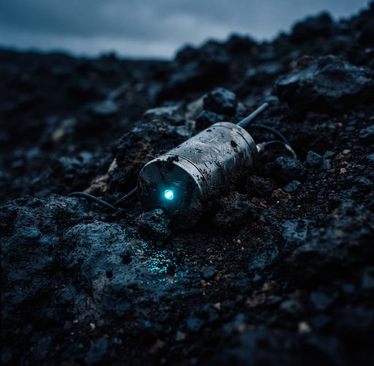 Cinematic close-up of a rugged environmental sensor half-buried in dark volcanic soil, glowing cyan LED indicator reflecting on wet rock, low-key dramatic lighting, deep shadows, cool blue and charcoal tones, 35mm anamorphic lens