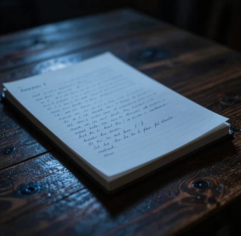 Atmospheric close-up of handwritten field notes on a rugged wooden table, illuminated by a single cool blue light source, dramatic shadows, cinematic neo-noir academic aesthetic.