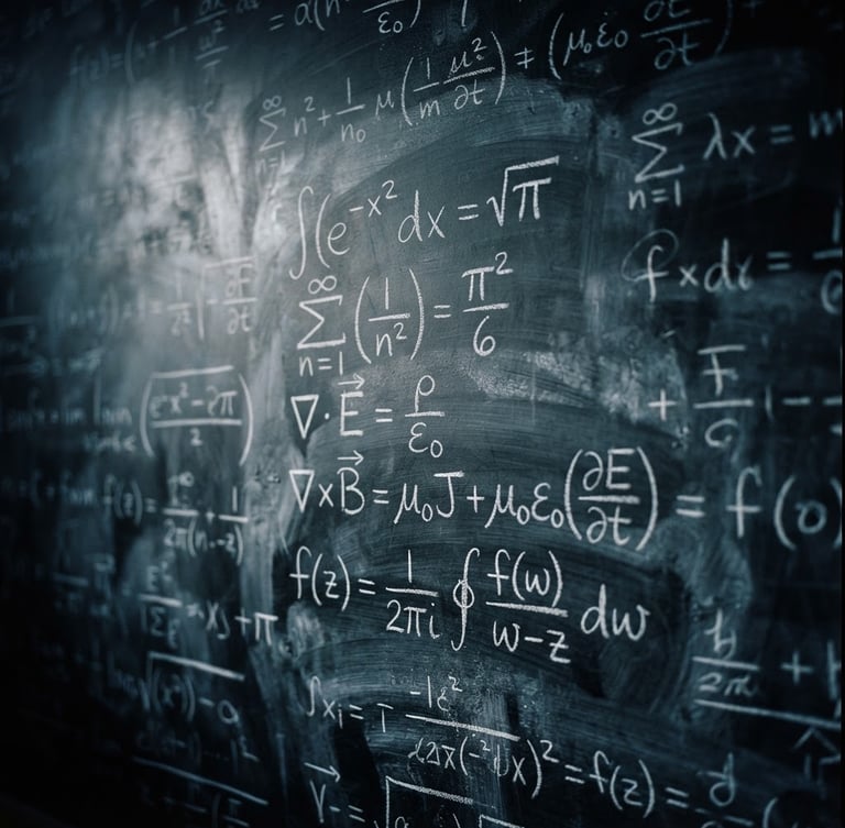 Cinematic close-up of handwritten mathematical formulas on a dark slate chalkboard, dramatic low-key side lighting, high contrast, 35mm anamorphic lens