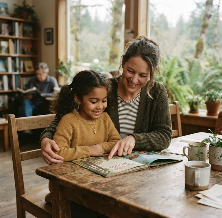 Candid medium shot of a mentor and child reading together at a wooden table, warm natural Pacific Northwest daylight, soft earthy tones, 35mm