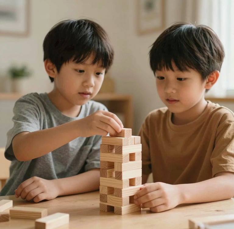 A candid medium shot of two young children building a wooden block tower together on a low table, warm indoor ambient light, focused expressions of collaboration, soft earthy tones, 35mm.