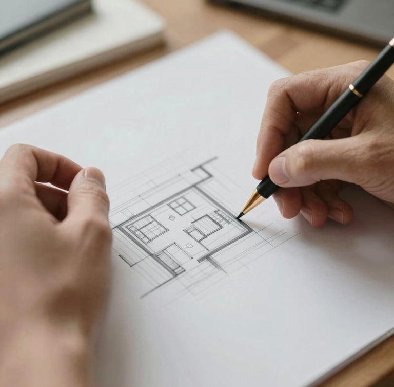 Close-up of hands sketching an architectural plan on paper, soft natural overcast light, warm editorial photography, muted earth tones.