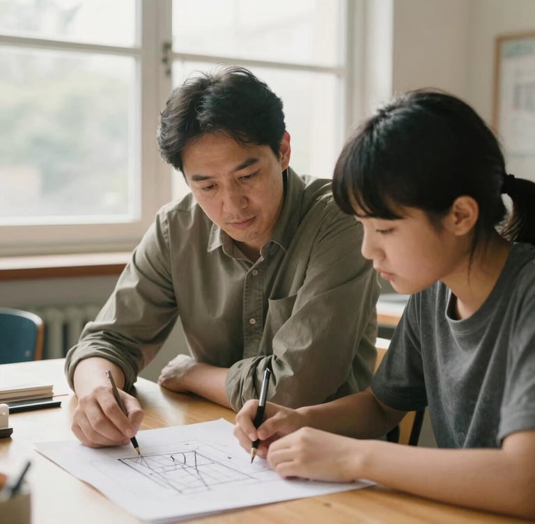 Medium environmental portrait of a local mentor and a student looking over architectural drawings in a sunlit classroom, natural window light, warm editorial aesthetic.