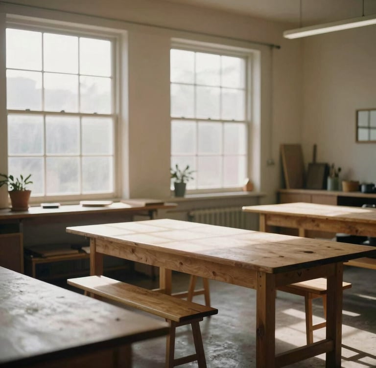 A quiet, sunlit community workshop space with wooden tables and large windows, soft morning light filtering through, warm editorial photography, muted earth tones, medium format film aesthetic