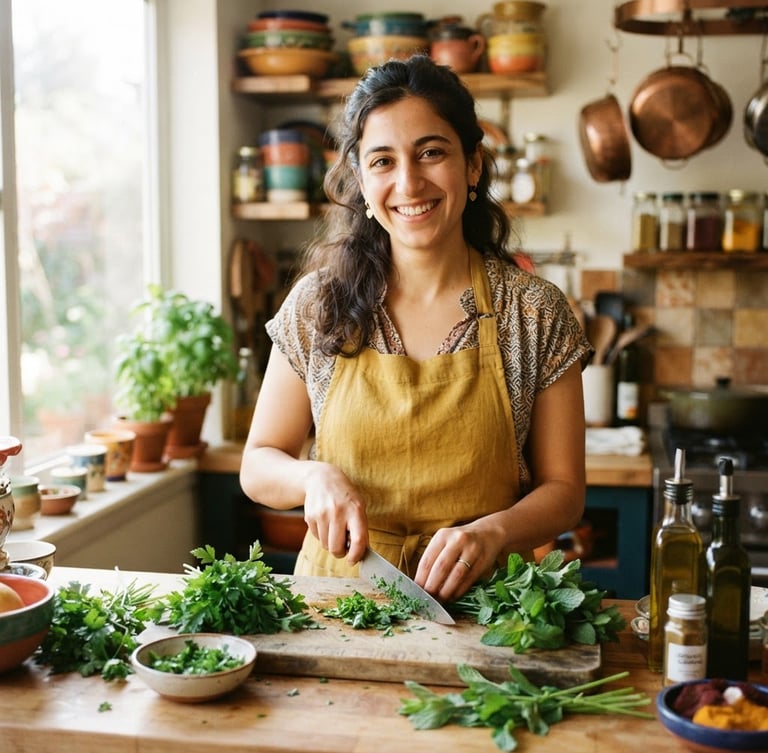 Warm, natural portrait of Mariam in her home kitchen, smiling and prepping fresh herbs, bright natural daylight, vibrant saturated colors, shallow depth of field, 35mm