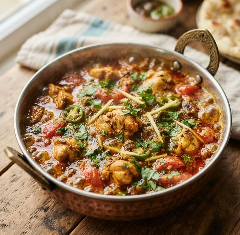 Close-up portrait of a rich, bubbling chicken karahi in a traditional copper serving dish, bright natural kitchen light, vibrant saturated colors, shallow depth of field, 35mm