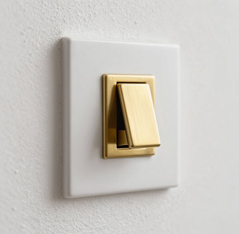 Macro detail shot of a solid brass light switch mounted on a textured plaster wall, soft side lighting, bright architectural photography, 35mm