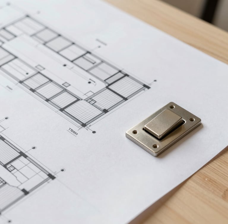 Bright architectural photography, close-up shot of architectural blueprints laid out on a light wood table next to a machined metal switch, soft natural morning light, 35mm