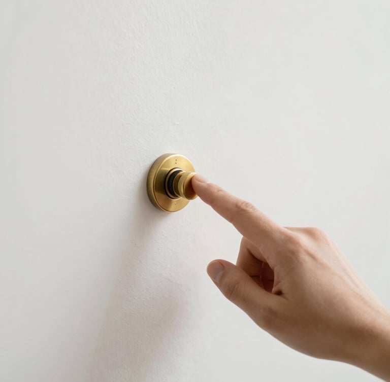 A hand reaching to flip a solid brass toggle switch on a clean, light-filled plaster wall, soft natural daylight, shallow depth of field