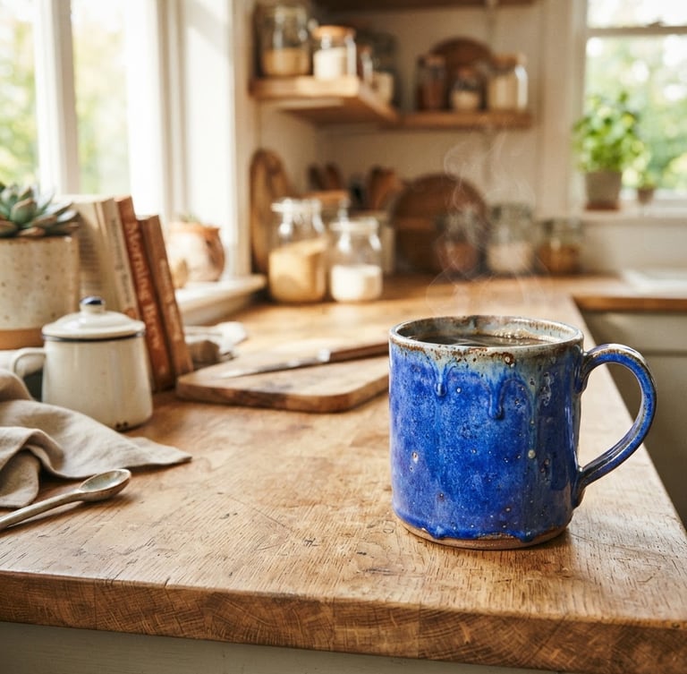 Wide shot of a hand-thrown ceramic mug with a vibrant cobalt blue glaze, filled with steaming coffee, sitting on a cluttered, cozy wooden kitchen counter in warm morning sunlight, showing tactile drips and clay texture. The mug is on the right side, with text space on the left.